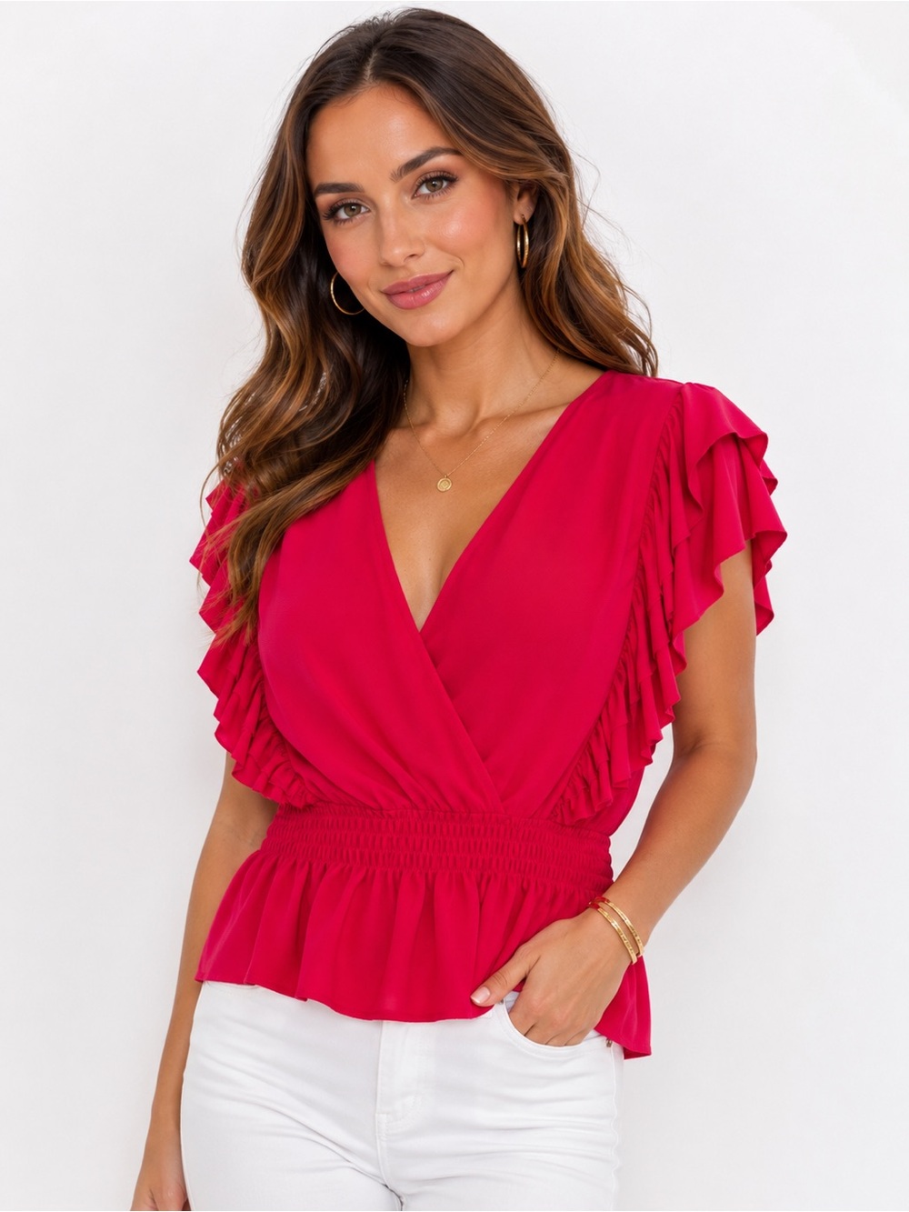 Zara Fuchsia Ruffle Sleeve Surplice V-Neck Smocked Waist Peplum Blouse Large